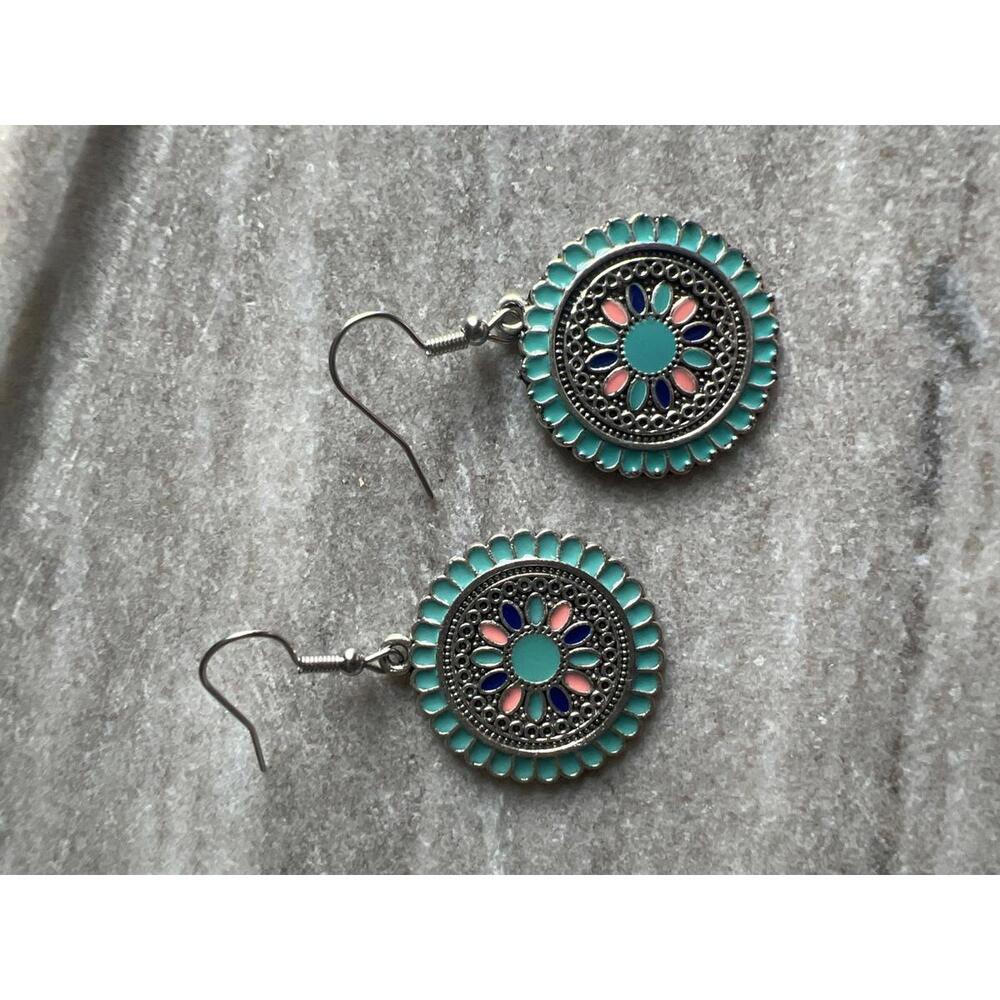 Colorful Round Dangle Earrings with Floral Design